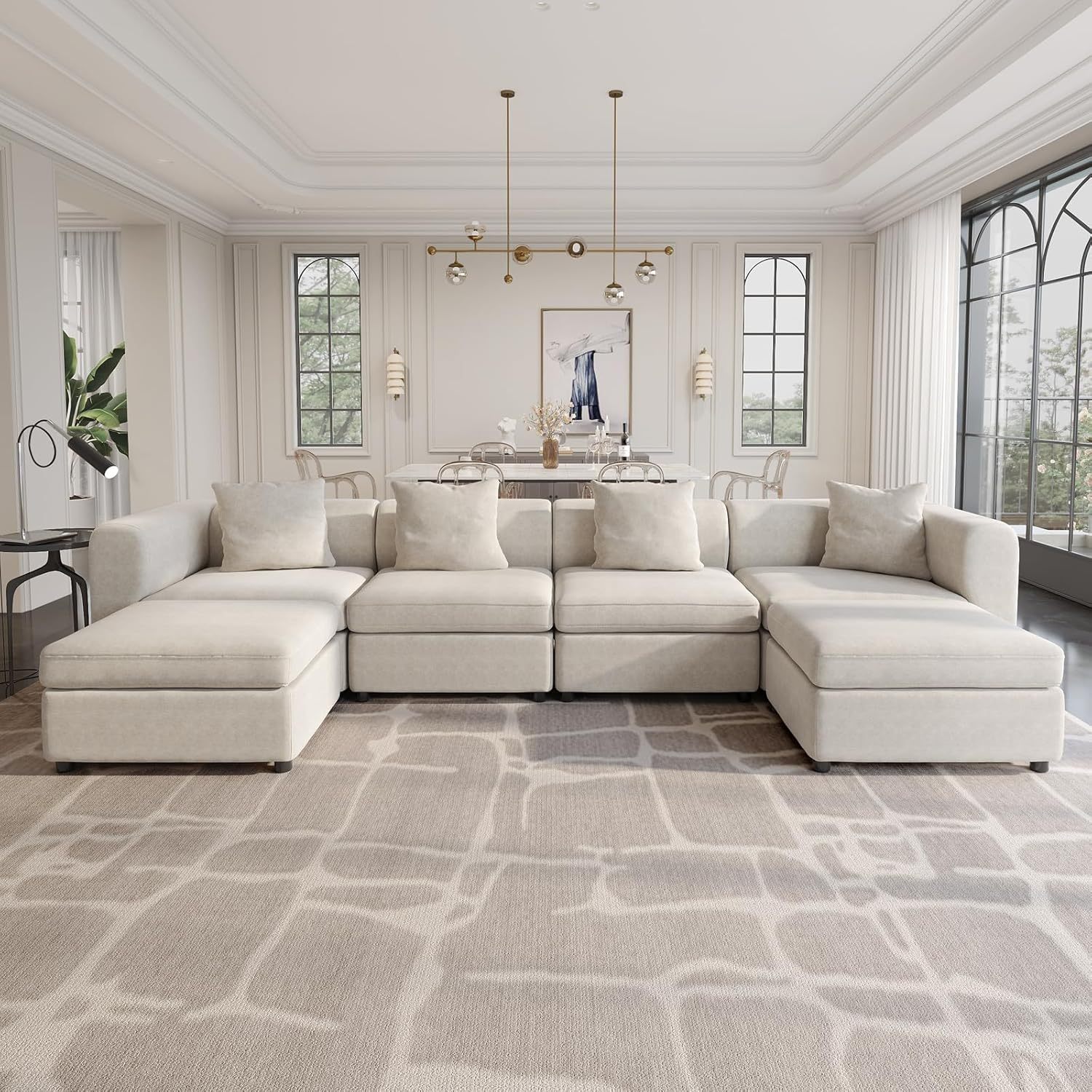 Off-White Comfy Queen Sectional Sofa, Sleeper Sofa Couch with Removable Cushion, Modular Sofa with Pillows and Storage Chaise