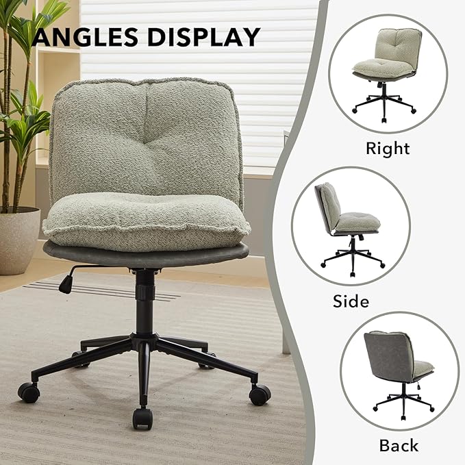 Home Office Chair, Teddy Upholstered Desk Chair with Thick Cushion, Armless Swivel Task Chair, Adjustable Height 360° Rolling Ergonomic Chair