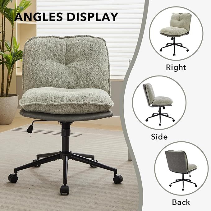 Home Office Chair, Teddy Upholstered Desk Chair with Thick Cushion, Armless Swivel Task Chair, Adjustable Height 360° Rolling Ergonomic Chair