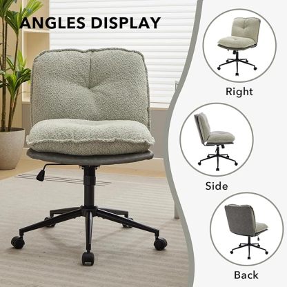 Home Office Chair, Teddy Upholstered Desk Chair with Thick Cushion, Armless Swivel Task Chair, Adjustable Height 360° Rolling Ergonomic Chair