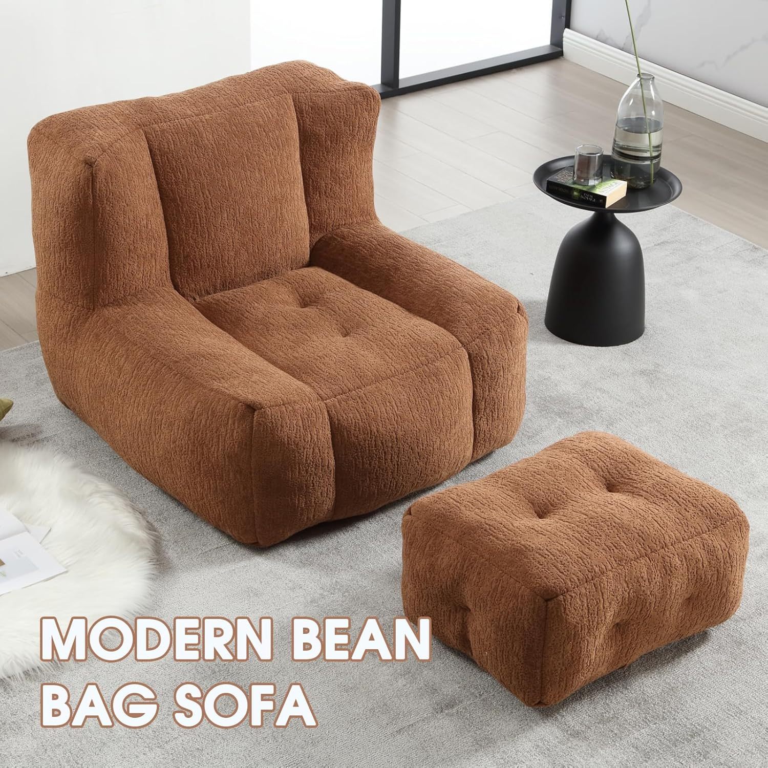 Microfiber Upholstered Bean Bag Sofa for Adults, Stuffed Bean Bag Couch with Footstool