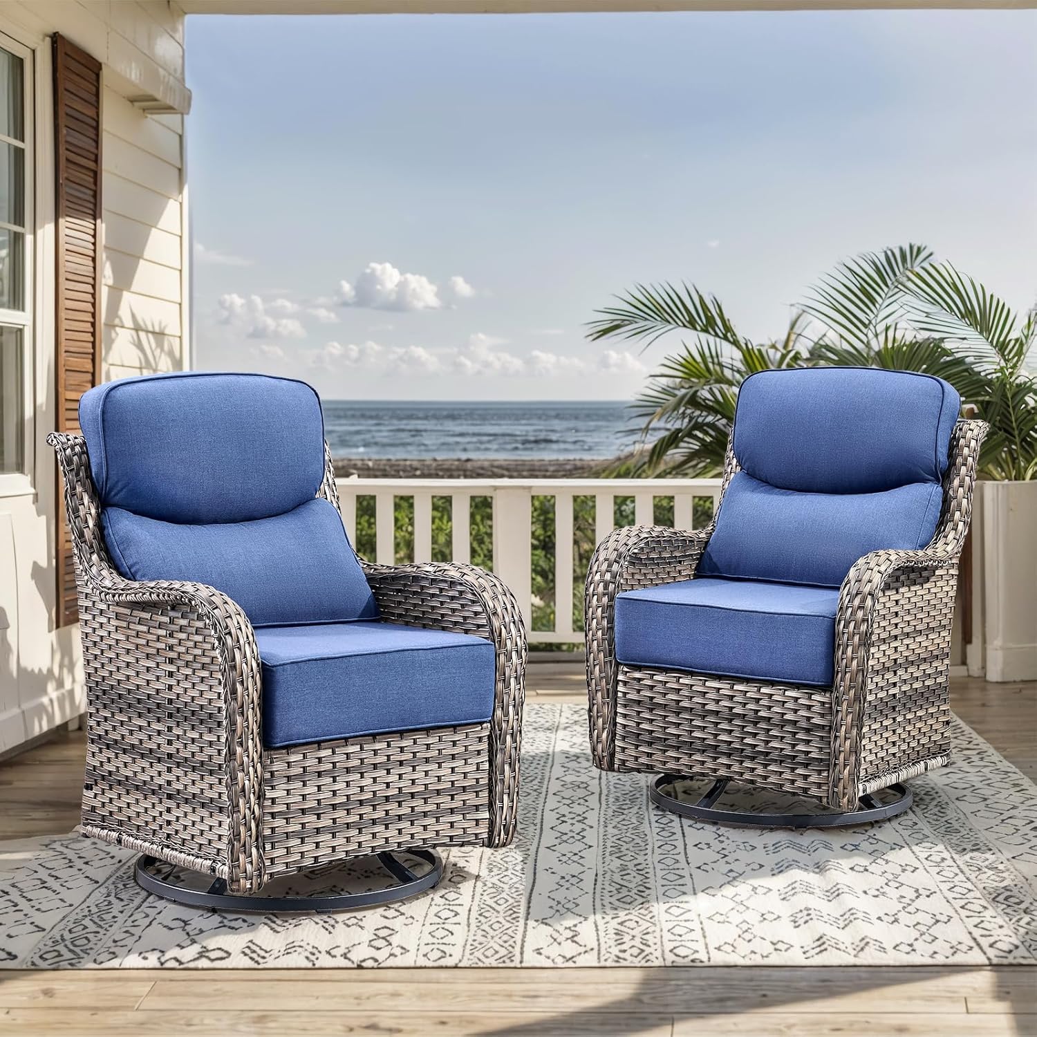 Wicker Patio Furniture Set with Patio Swivel Chairs Set of 4 and 50,000 BTU Fire Pit Table,6 Inch Thick Cushions High Back Outdoor Swivel Rocker Chairs Set for Porch, Balcony