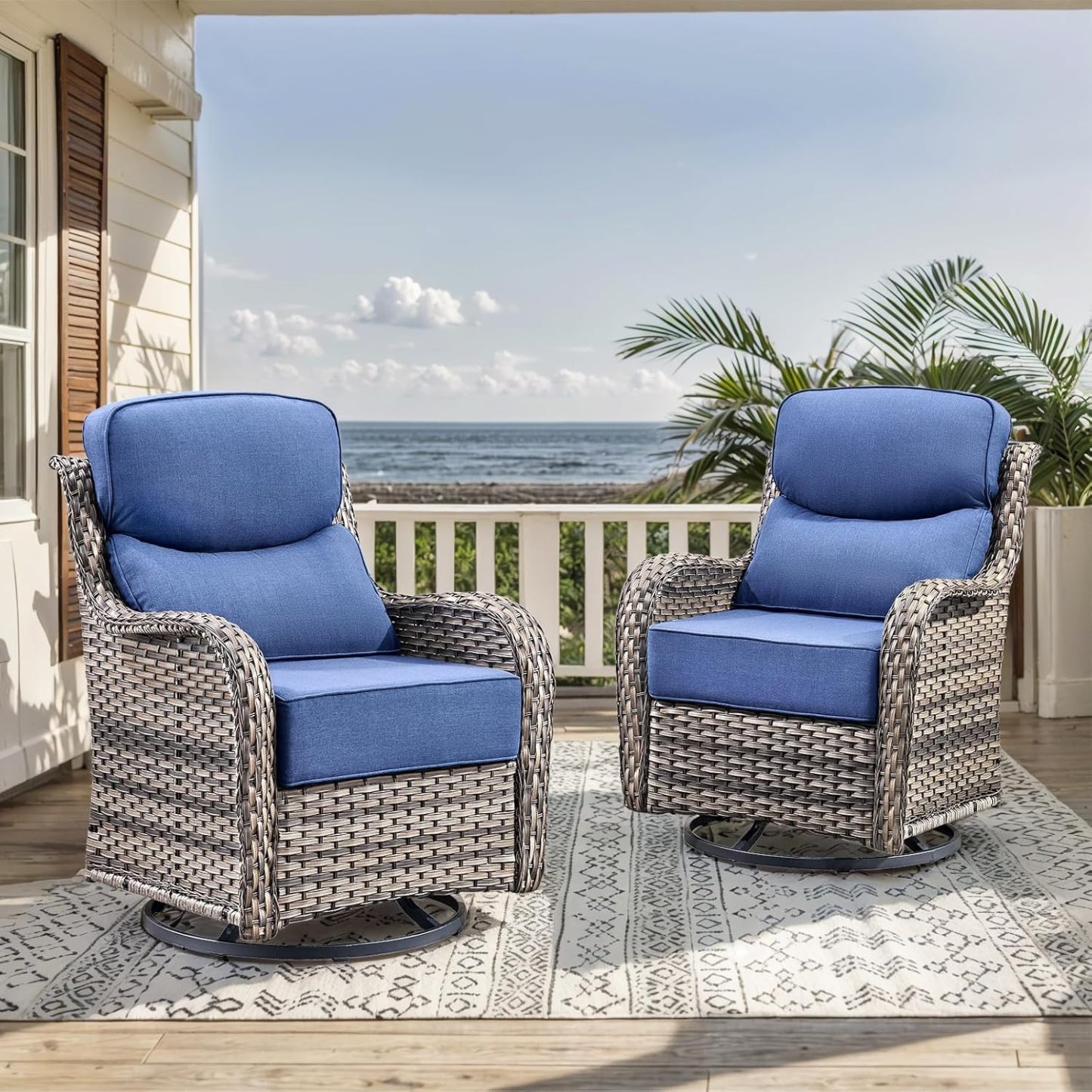 Wicker Patio Furniture Set with Patio Swivel Chairs Set of 4 and 50,000 BTU Fire Pit Table,6 Inch Thick Cushions High Back Outdoor Swivel Rocker Chairs Set for Porch, Balcony
