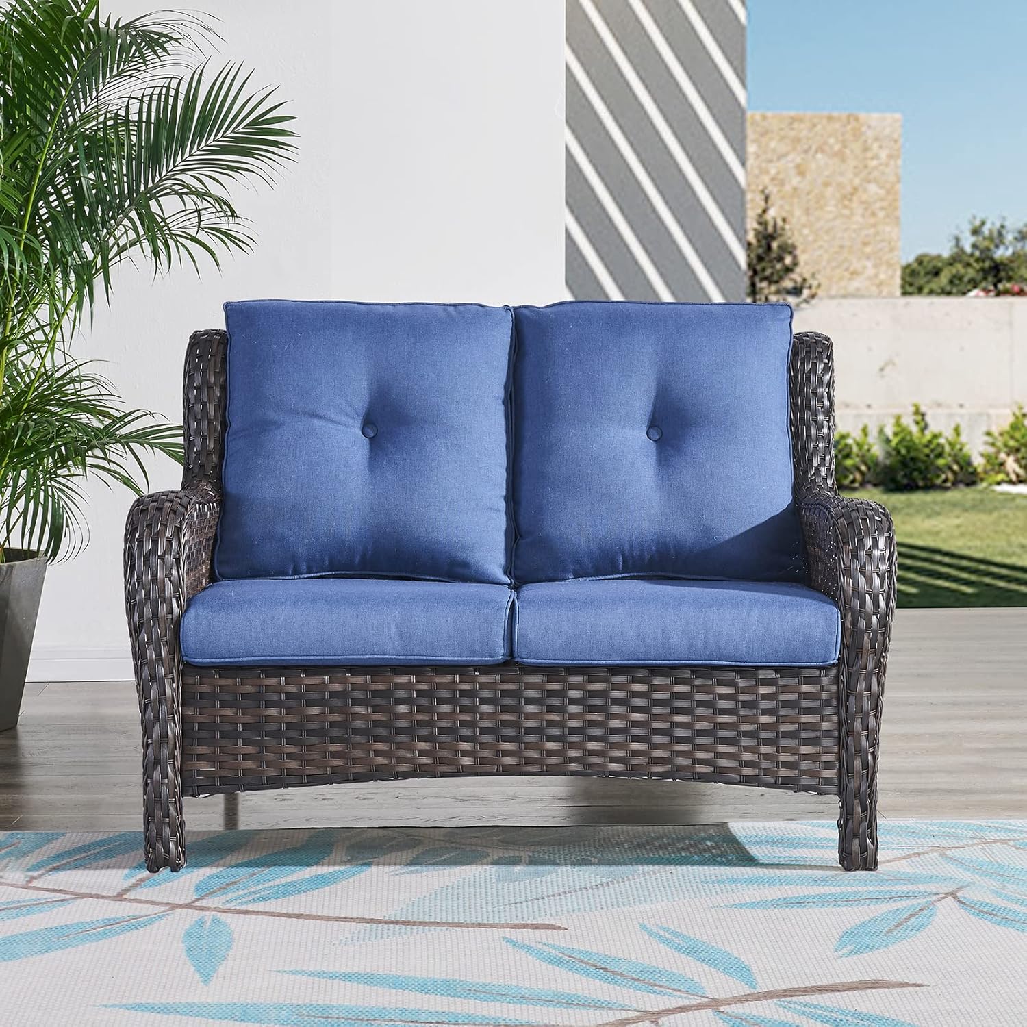 Outdoor Loveseat Sofa 2-Seat PE Rattan Patio Love Seat with Cushions,Deep Seat High Curved Back Armset Sectional Couch for Patio,Garden,Yard,Porch