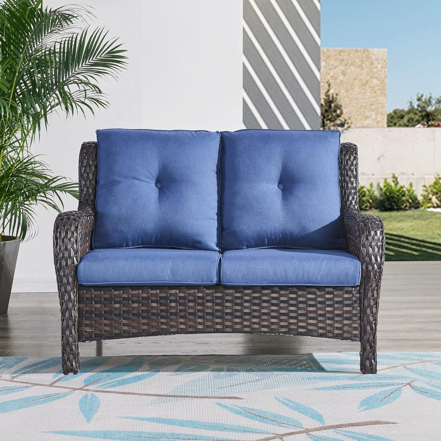 Outdoor Loveseat Sofa 2-Seat PE Rattan Patio Love Seat with Cushions,D