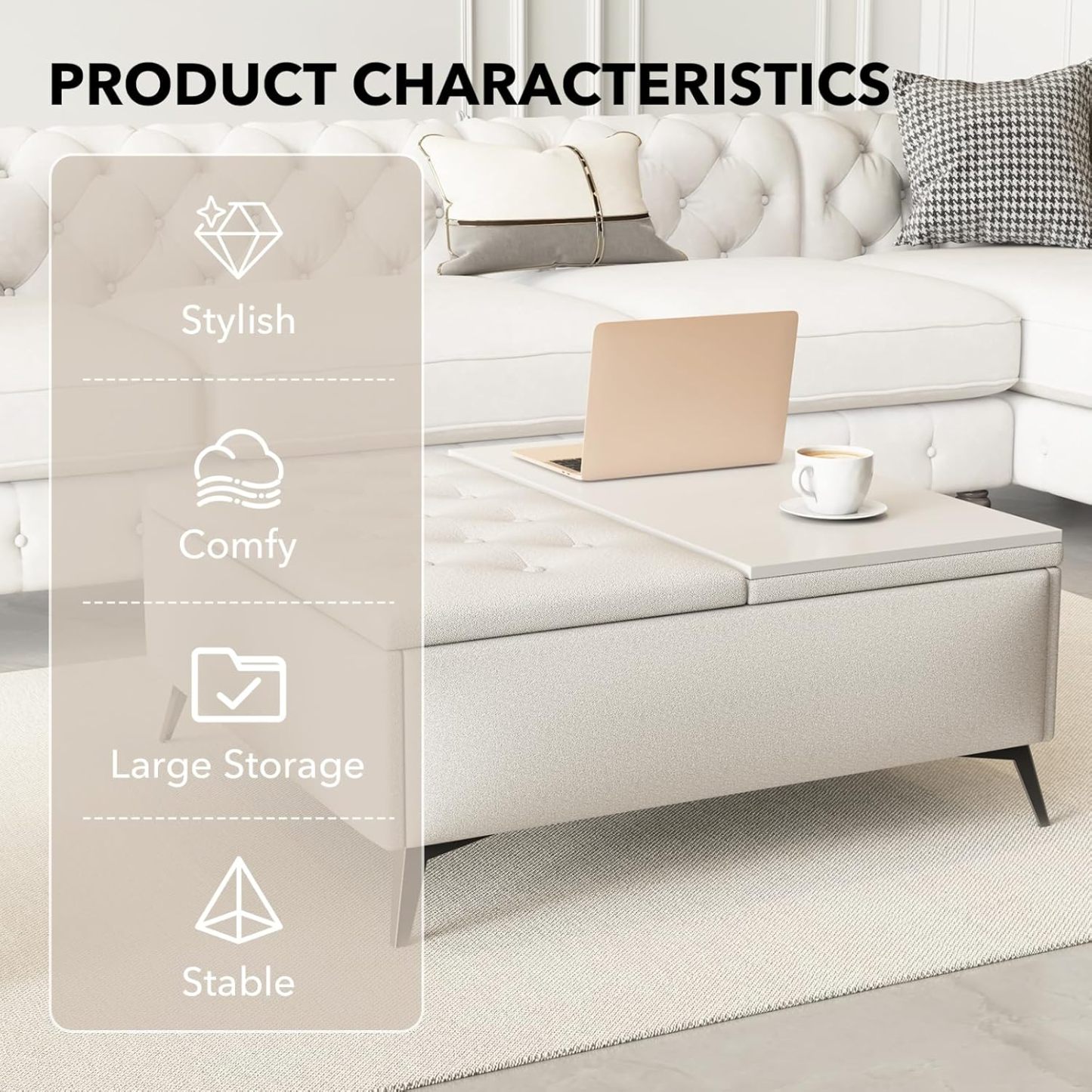 Square Storage Ottoman Bench, Linen Upholstered Coffee Table with Lift Top, Oversized End Bed Bench with Metal Legs