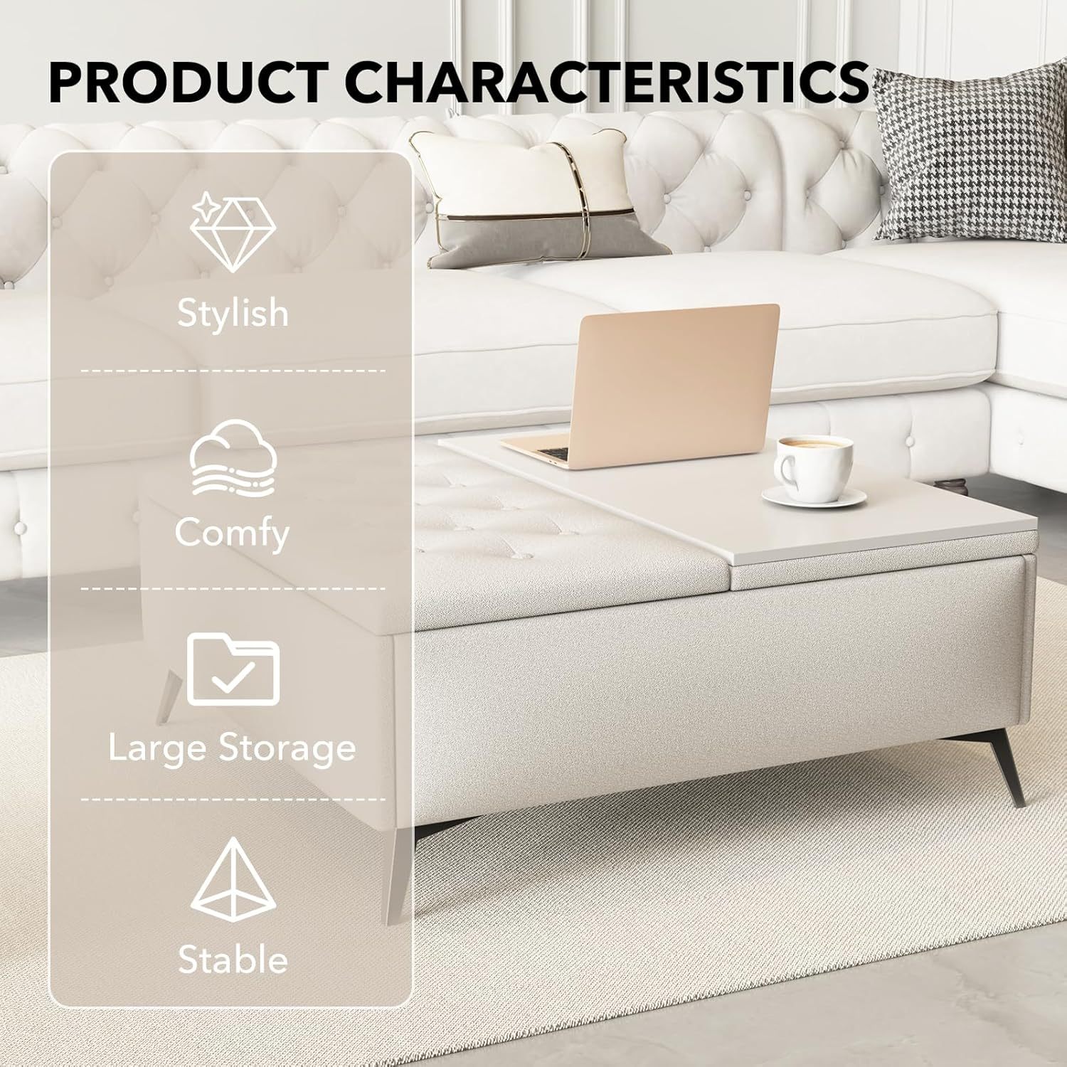 Square Storage Ottoman Bench, Linen Upholstered Coffee Table with Lift Top, Oversized End Bed Bench with Metal Legs