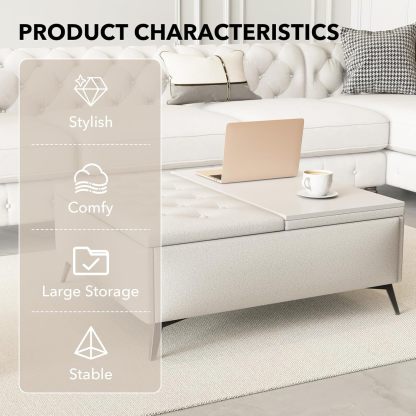 Square Storage Ottoman Bench, Linen Upholstered Coffee Table with Lift Top, Oversized End Bed Bench with Metal Legs