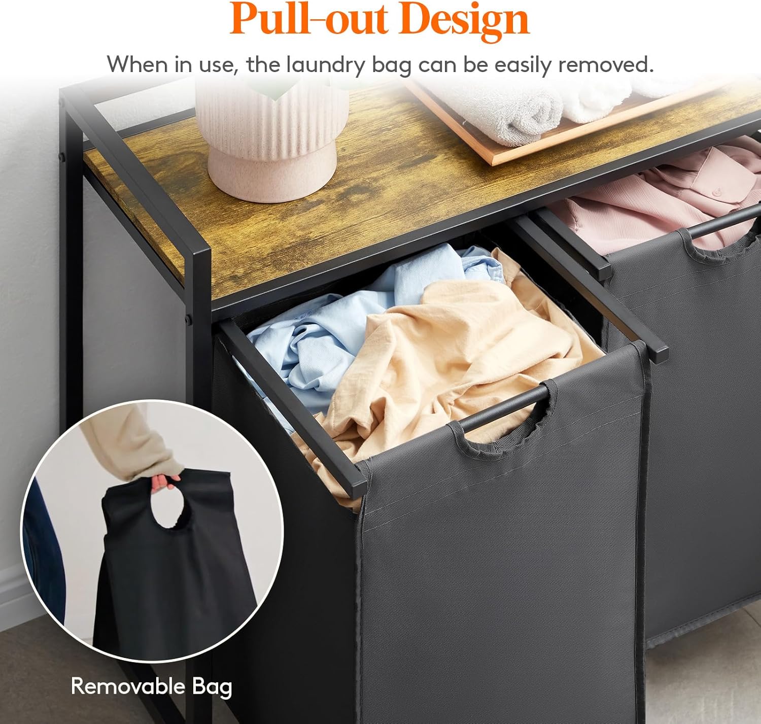 Laundry Hamper 4 Section, 168L Pull out Laundry Clothes Basket Organizer with Large Top Shelf and 4 Removable Bags and Handles