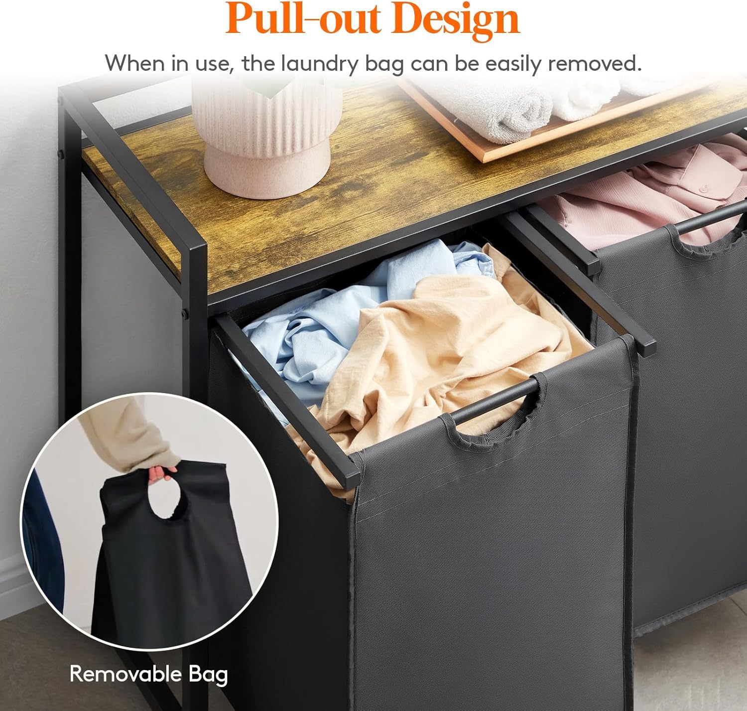 Laundry Hamper 4 Section, 168L Pull out Laundry Clothes Basket Organizer with Large Top Shelf and 4 Removable Bags and Handles