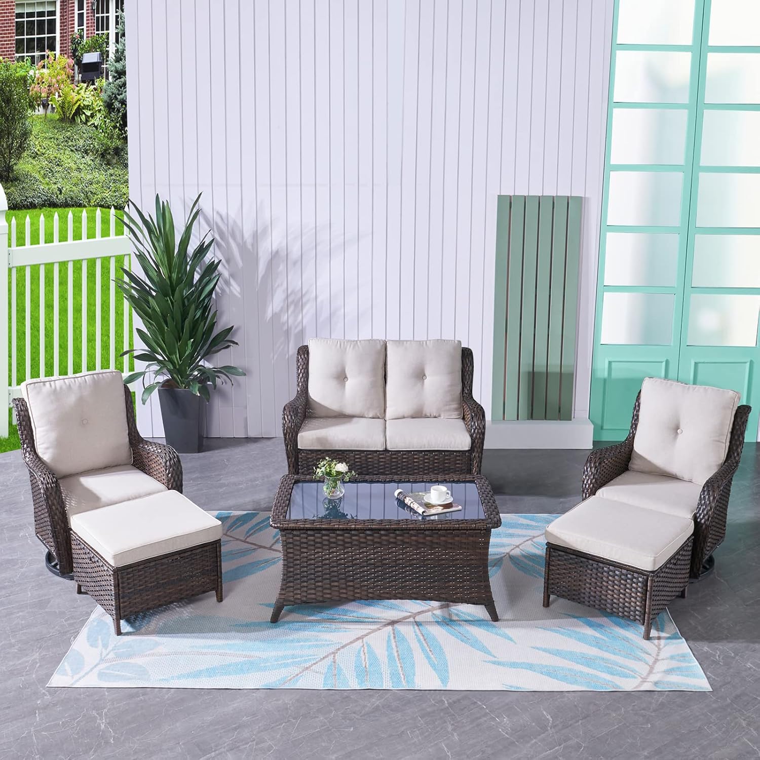 6 Pieces Outdoor Patio Furniture Set Wicker Swivel Patio Chairs with Ottomans 2 Seater