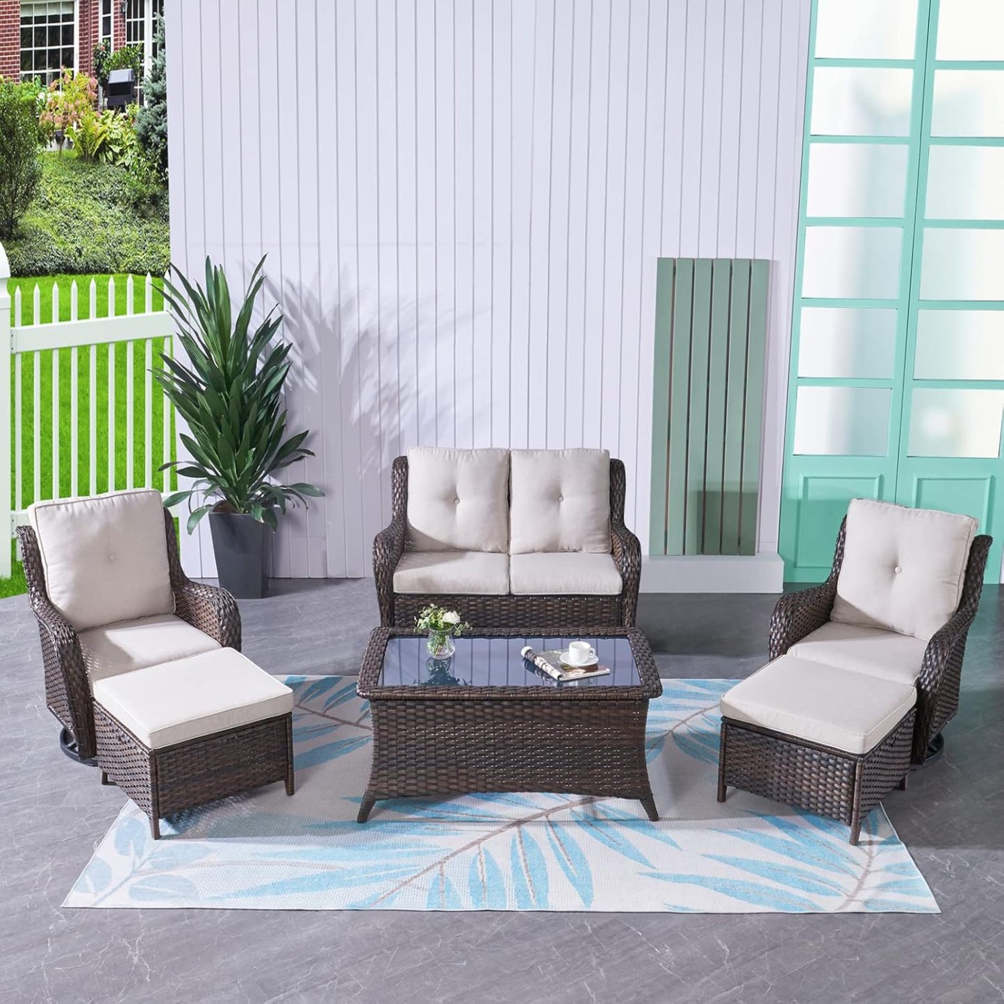 6 Pieces Outdoor Patio Furniture Set Wicker Swivel Patio Chairs with Ottomans 2 Seater