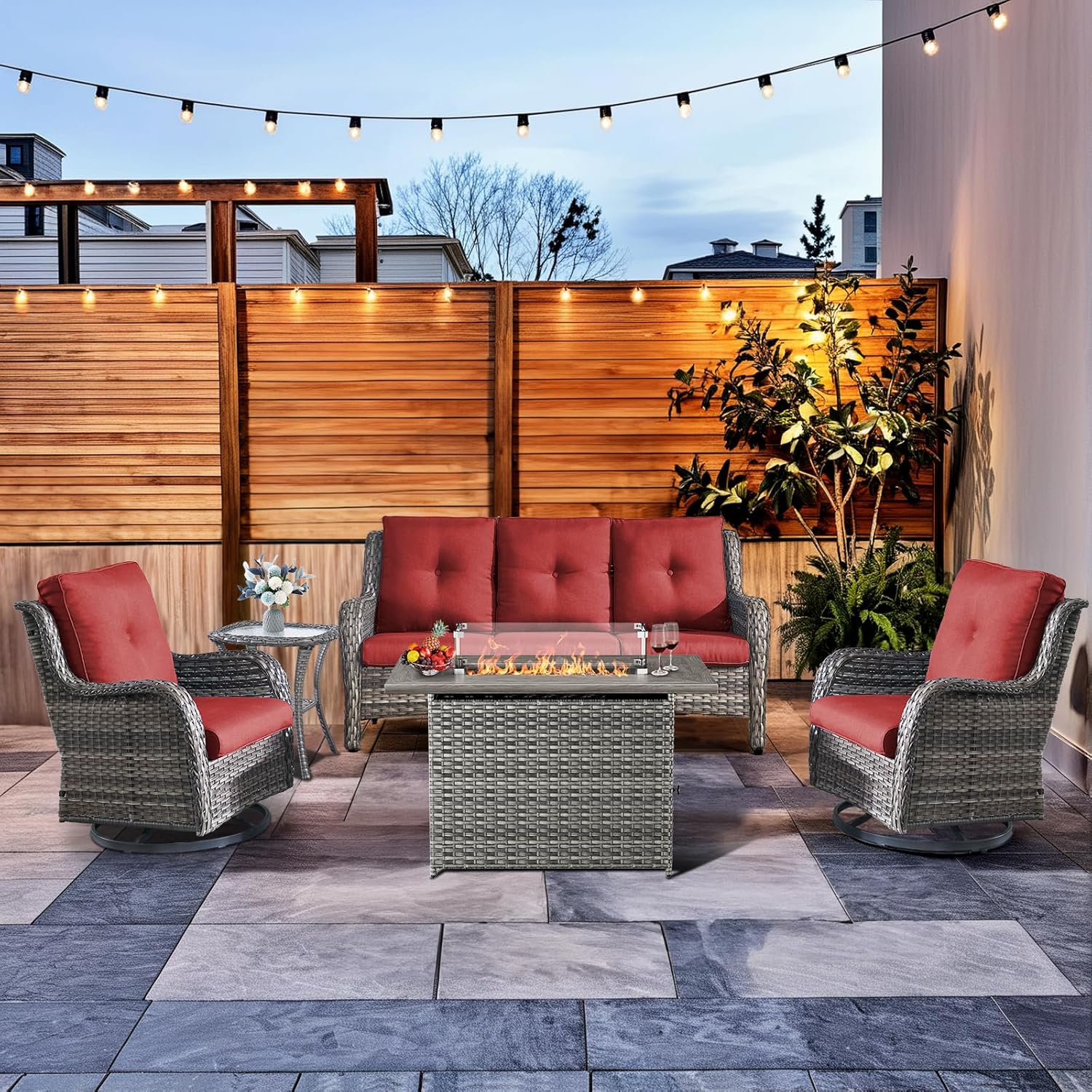 Patio Furniture Set with Fire Pit Table 5-Piece Wicker Outdoor Swivel Rocker Patio Chairs High Back Outdoor Couch Conversation Set