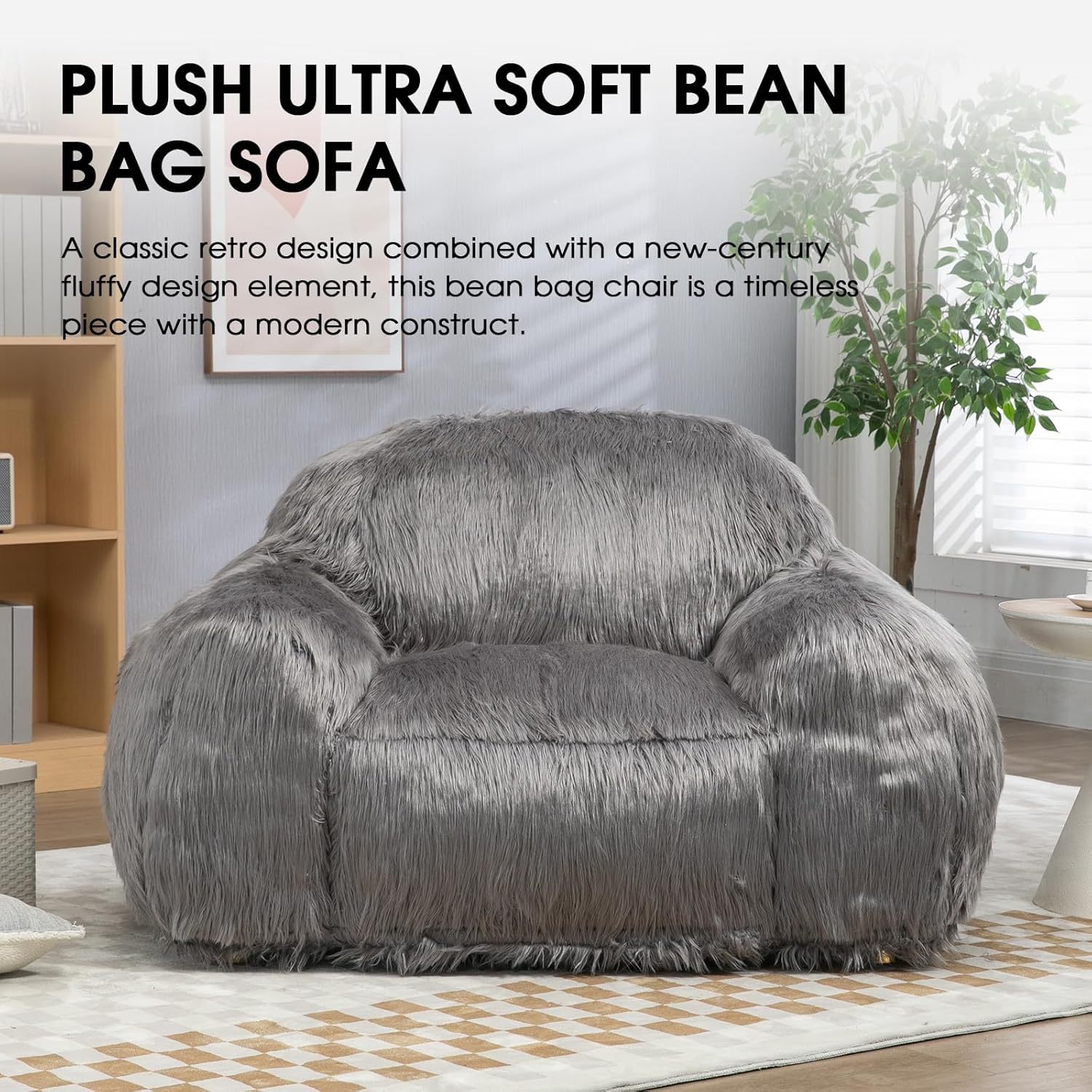 Plush Ultra Big Bean Bag Sofa, 40.6" D x 52.8" W x 31.1" H, Memory Foam Big Bean Bag Chair, Stuffed Lazy Sofa with Armrest