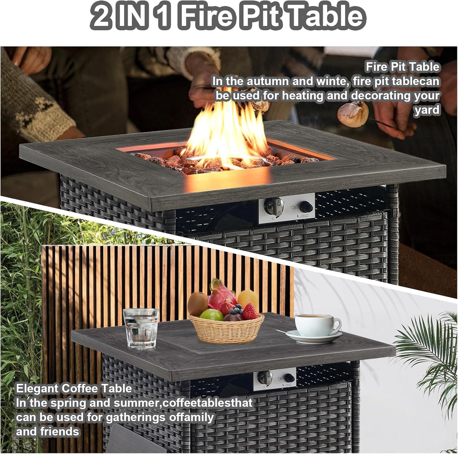 Patio Furniture with Fire Pit 6-Piece Wicker Outdoor Sectional Couch with Swivel Rocking Chairs, Propane Fire Pit Conversation Set
