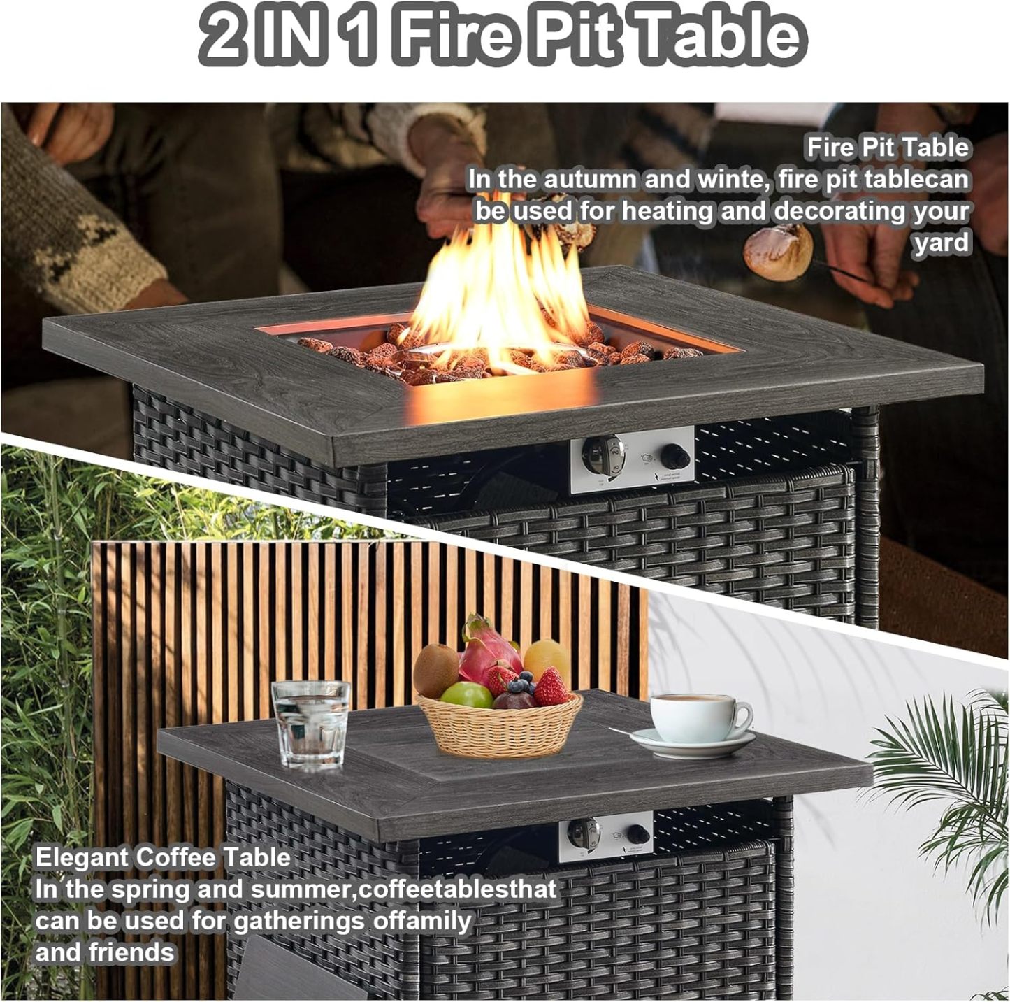 Patio Furniture with Fire Pit 6-Piece Wicker Outdoor Sectional Couch with Swivel Rocking Chairs, Propane Fire Pit Conversation Set