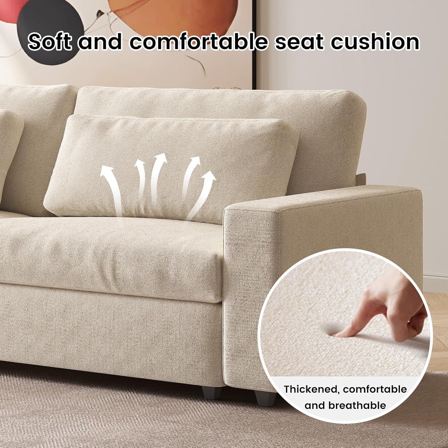 104" Spacious Modular Sofa Couch, Comfy Poofy Cloud Sofa with Armrest and Pillows, Modern White Couch with Deep Seat