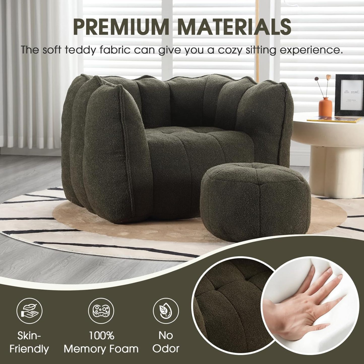 Bean Bag Chair, Teddy Upholstered Bean Bag Sofa with Round Ottoman, Stuffed Bean Bag Couch with Petal Backrest