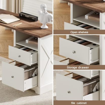 Farmhouse L Shaped Desk with Drawers & Storage Shelf, Home Office Desk with Storage Cabinet
