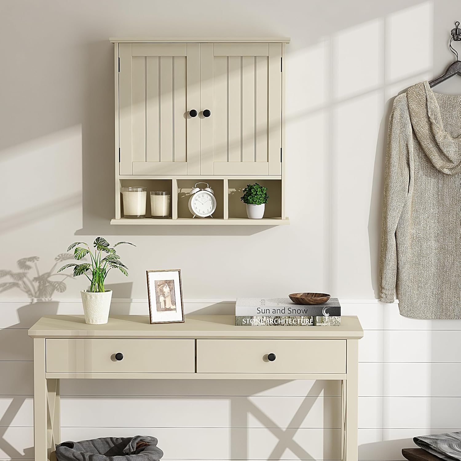 Bathroom Cabinet Wall Mounted 2-Door with 3 Open Shelves, Wooden Medicine Cabinets with Adjustable Shelf