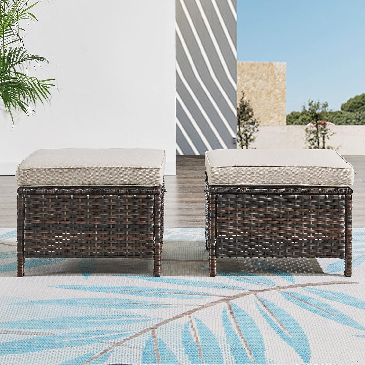 Outdoor Ottomans for Patio Set of 2 PE Wicker Steel Frame Outdoor Footstool for Patio, Backyard, Additional Seating, Side Tables with Removable Weather-Resistant Cushions