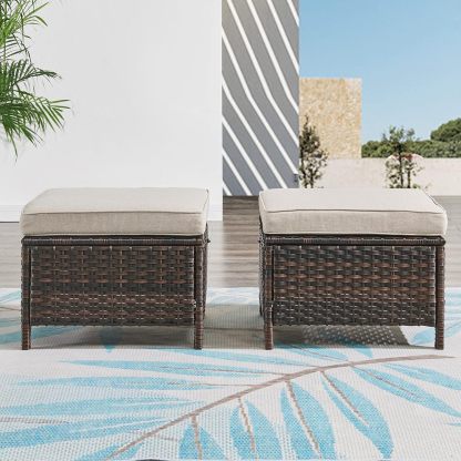 Outdoor Ottomans for Patio Set of 2 PE Wicker Steel Frame Outdoor Footstool for Patio, Backyard, Additional Seating, Side Tables with Removable Weather-Resistant Cushions