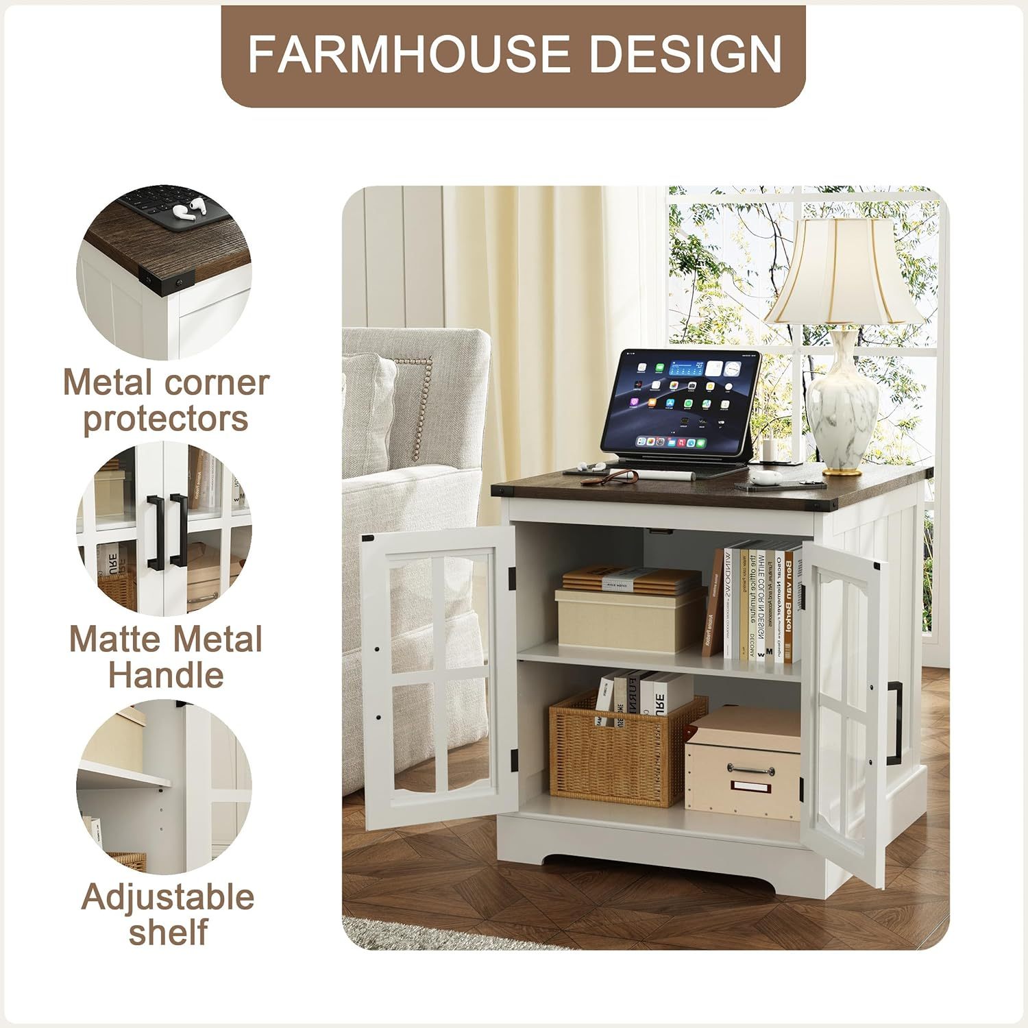 Farmhouse End Table, 24" Large Sofa Side Table with Charging Station & LED Light, White Nightstand with Adjustable Storage Shelf