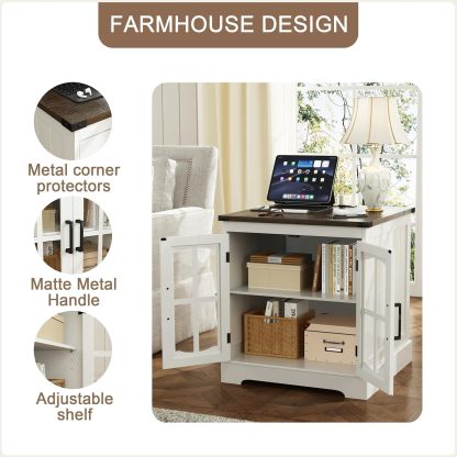 Farmhouse End Table, 24" Large Sofa Side Table with Charging Station & LED Light, White Nightstand with Adjustable Storage Shelf