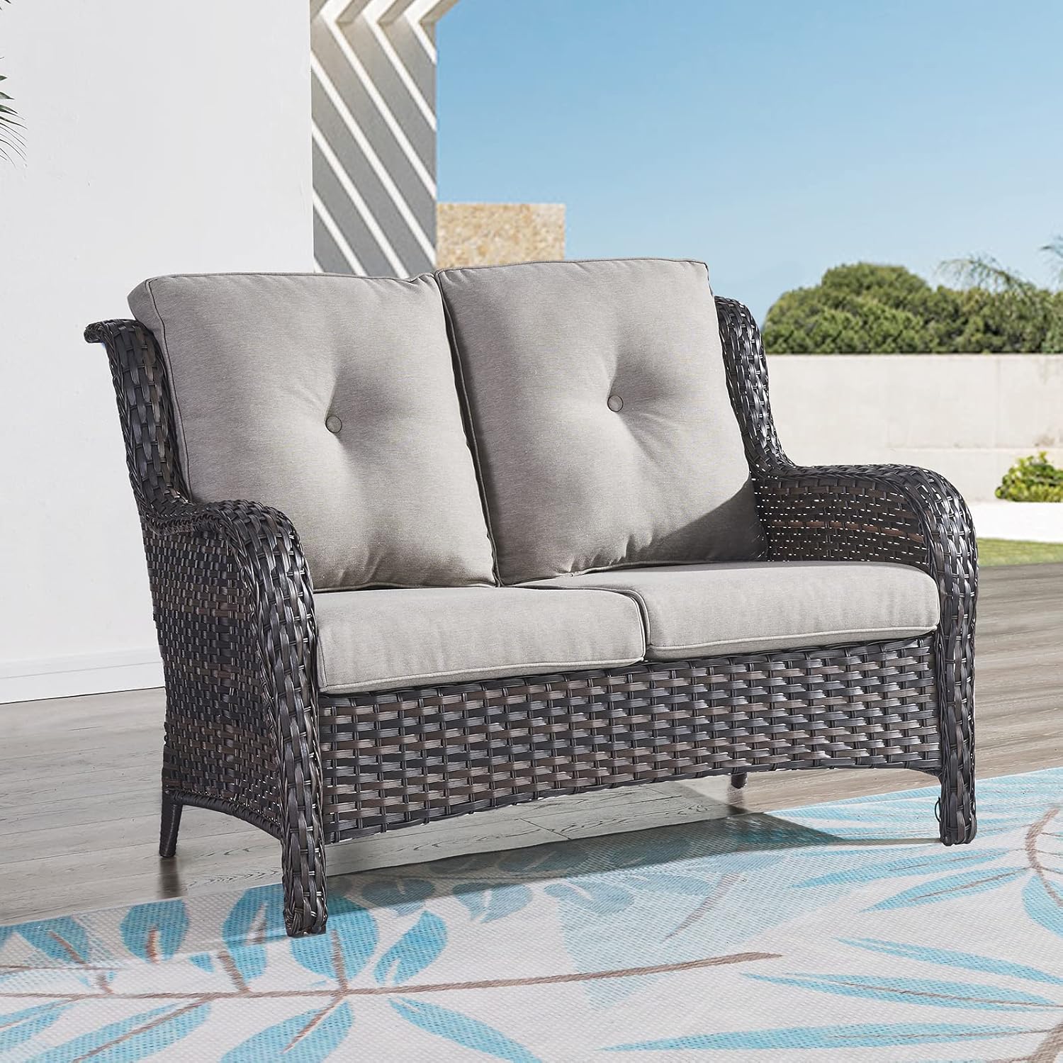 Outdoor Loveseat Sofa 2-Seat PE Rattan Patio Love Seat with Cushions,Deep Seat High Curved Back Armset Sectional Couch for Patio,Garden,Yard,Porch