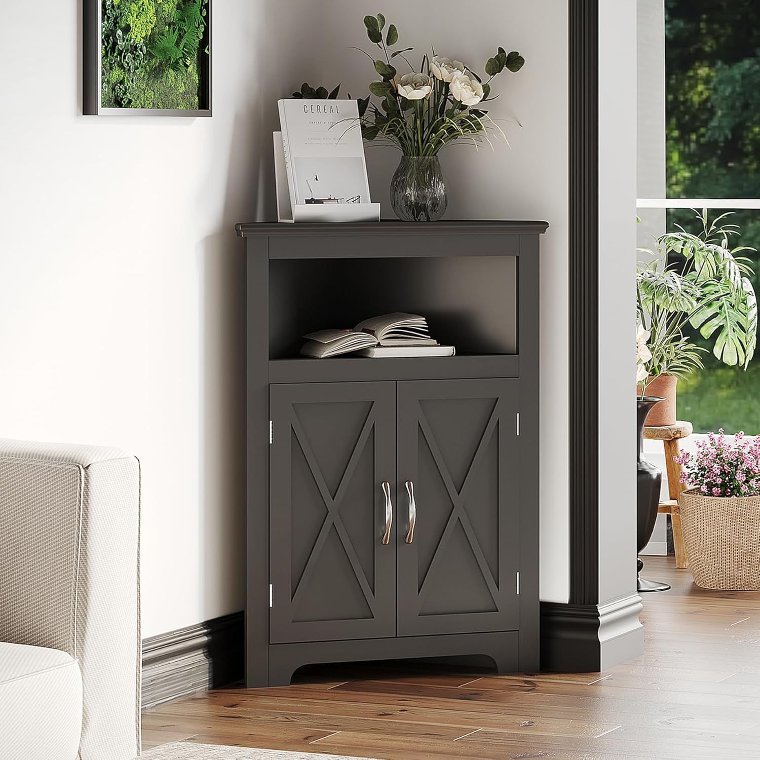 Corner Storage Cabinet, Small Corner Cabinet with Barn Door Design and Adjustable Shelf