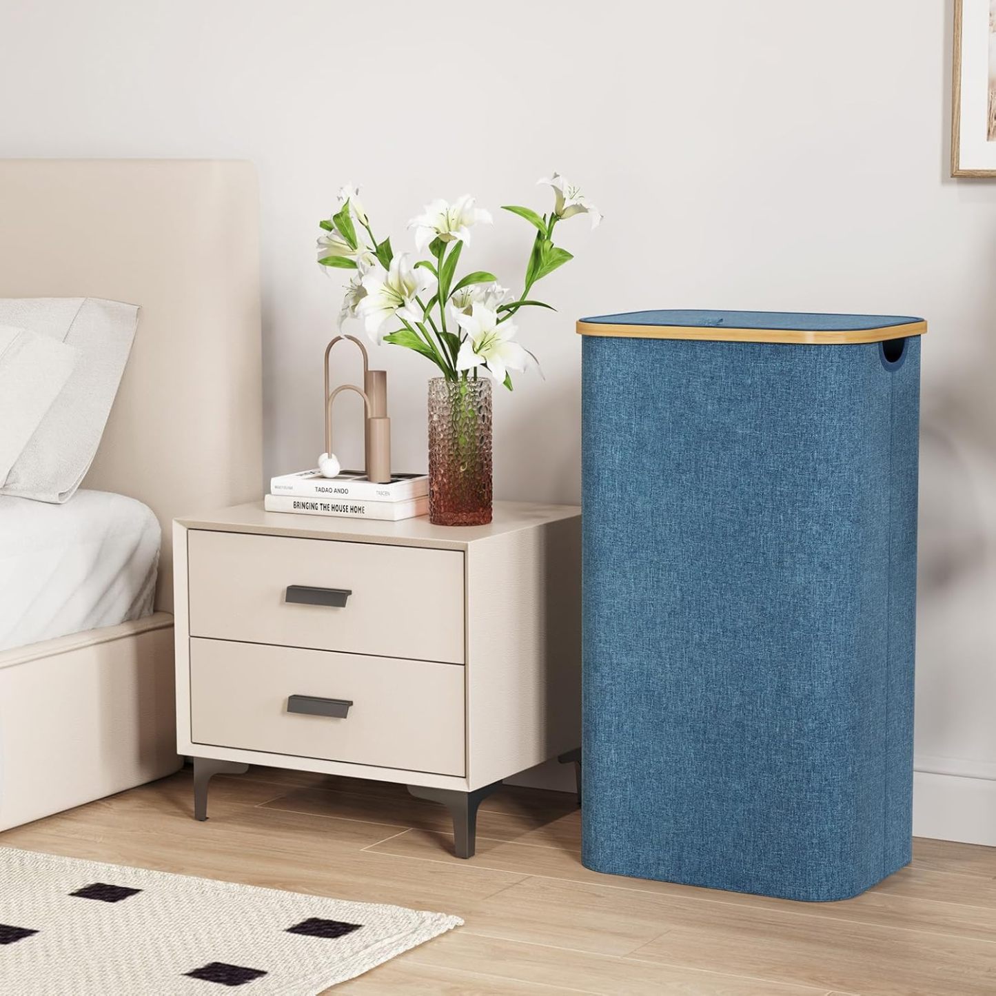 100L Laundry Basket with Lid, Clothes Hampers for Laundry with Bamboo Handles and A Removable Laundry Bag