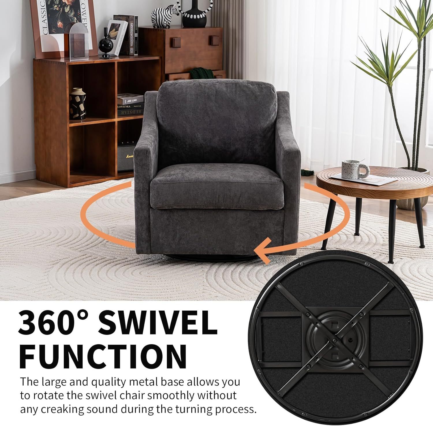 360 Degree Swivel Chair, Linen Upholstered Swivel Barrel Chair with Straight Armrest, Square Club Sofa Chair with Metal Base