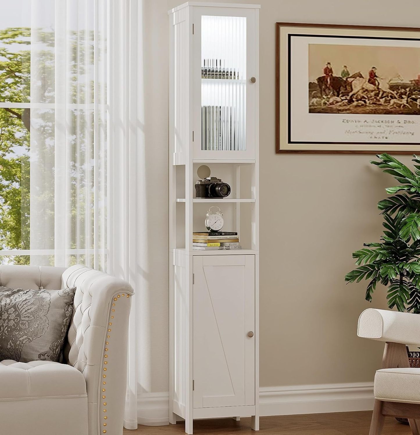 Tall Bathroom Storage Cabinet with Light, 5-Tier Narrow Bathroom Cabinet with 2 Doors