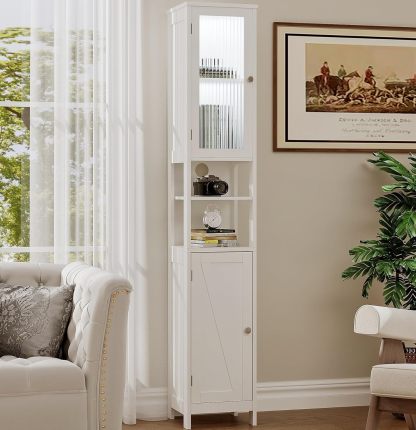 Tall Bathroom Storage Cabinet with Light, 5-Tier Narrow Bathroom Cabinet with 2 Doors