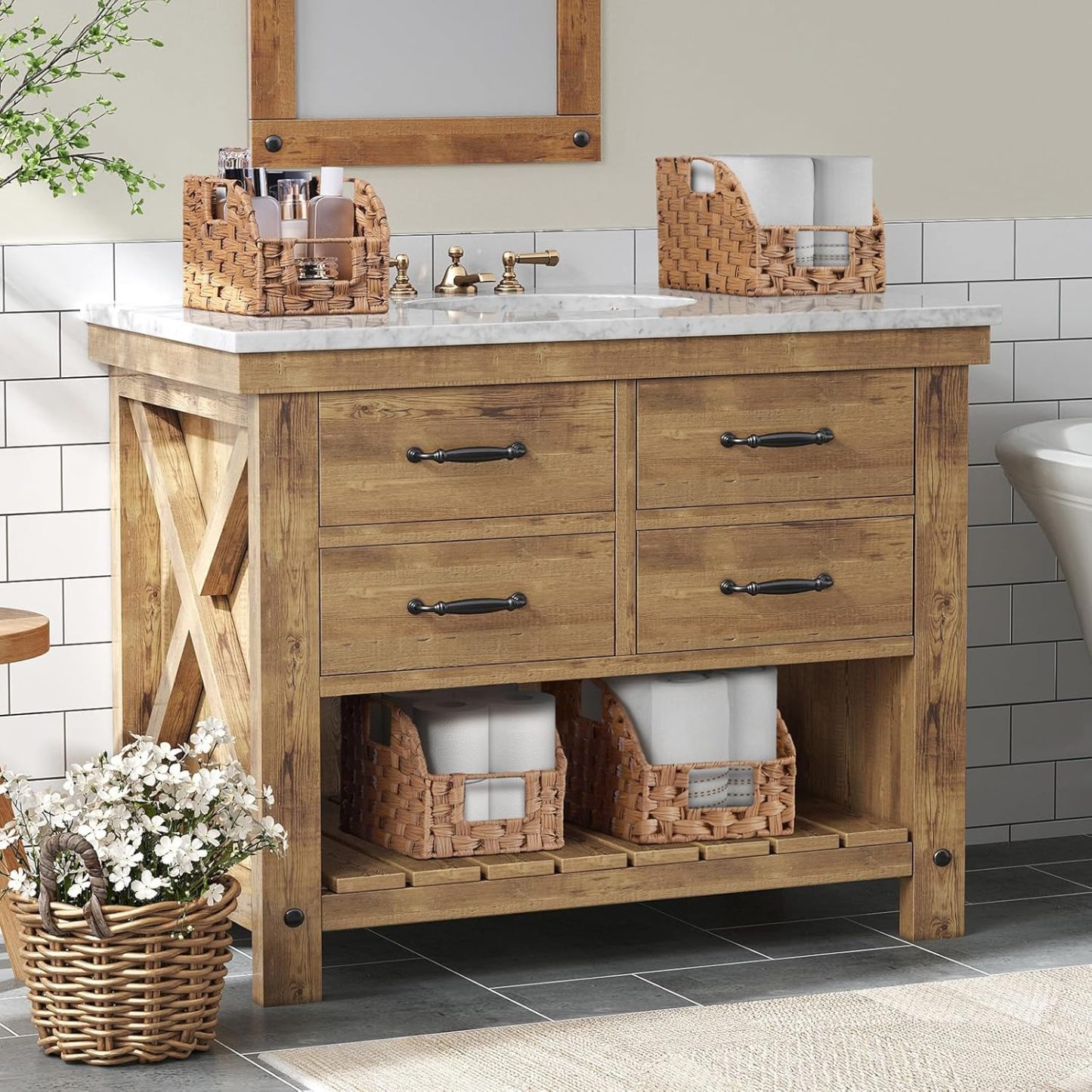 Handwoven PP Wicker Storage Basket, Waterproof Imitation Rattan Basket with Built-in Handles, Trapezoid Baskets for Organizing Shelves