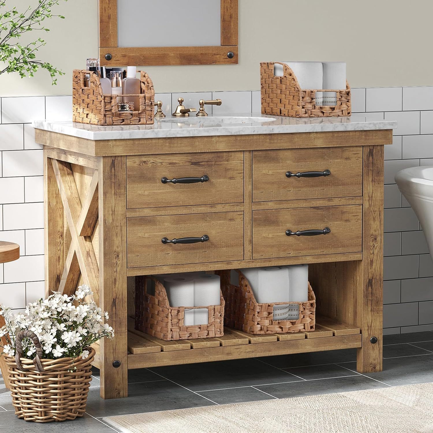 Handwoven PP Wicker Storage Basket, Waterproof Imitation Rattan Basket with Built-in Handles, Trapezoid Baskets for Organizing Shelves