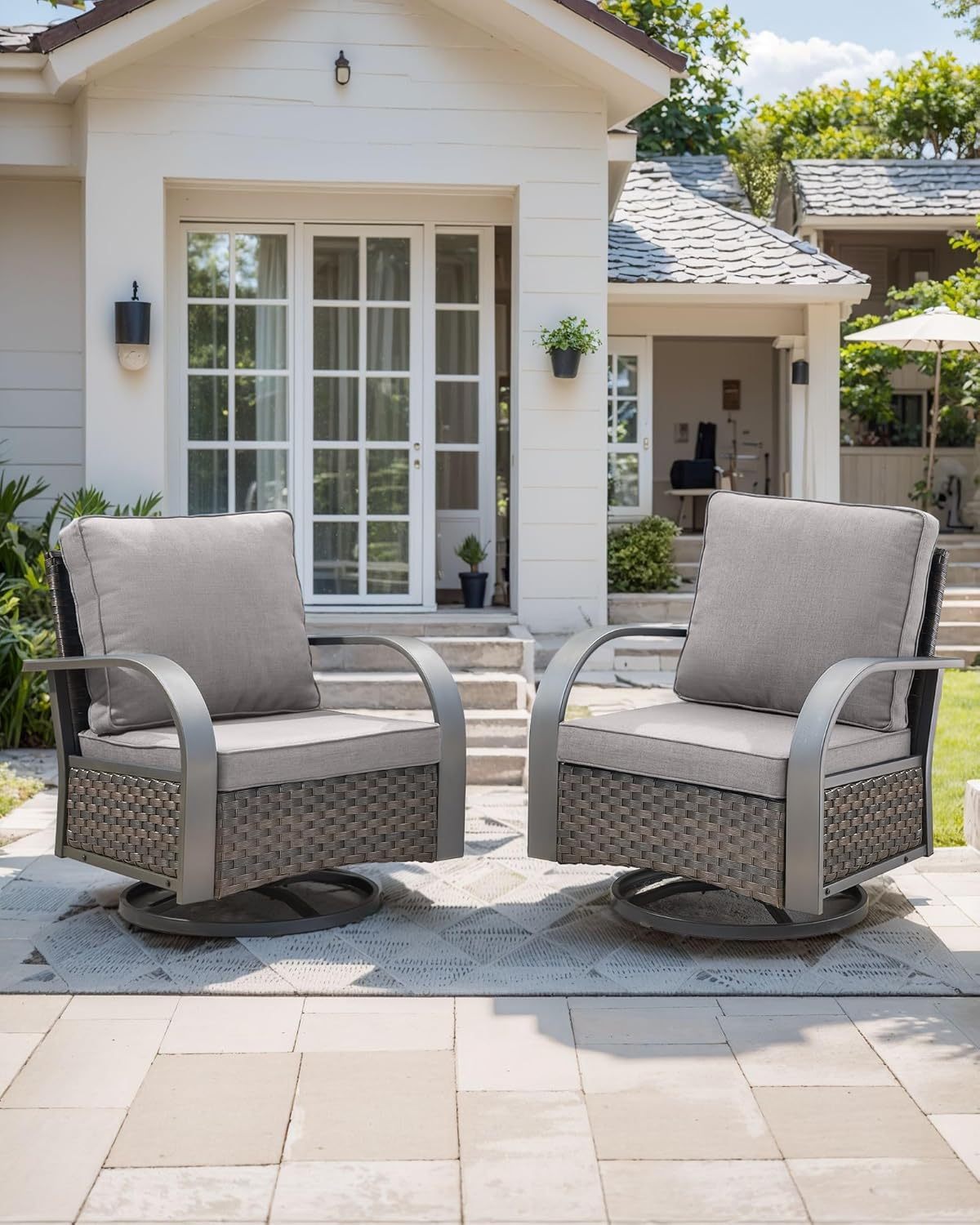 Patio Swivel Glider Outdoor Chair-All Weather Rattan Wicker Patio Swivel Rocking Chairs Porch Chair for Deck Porch Lawn Garden Backyard-Brown/Grey
