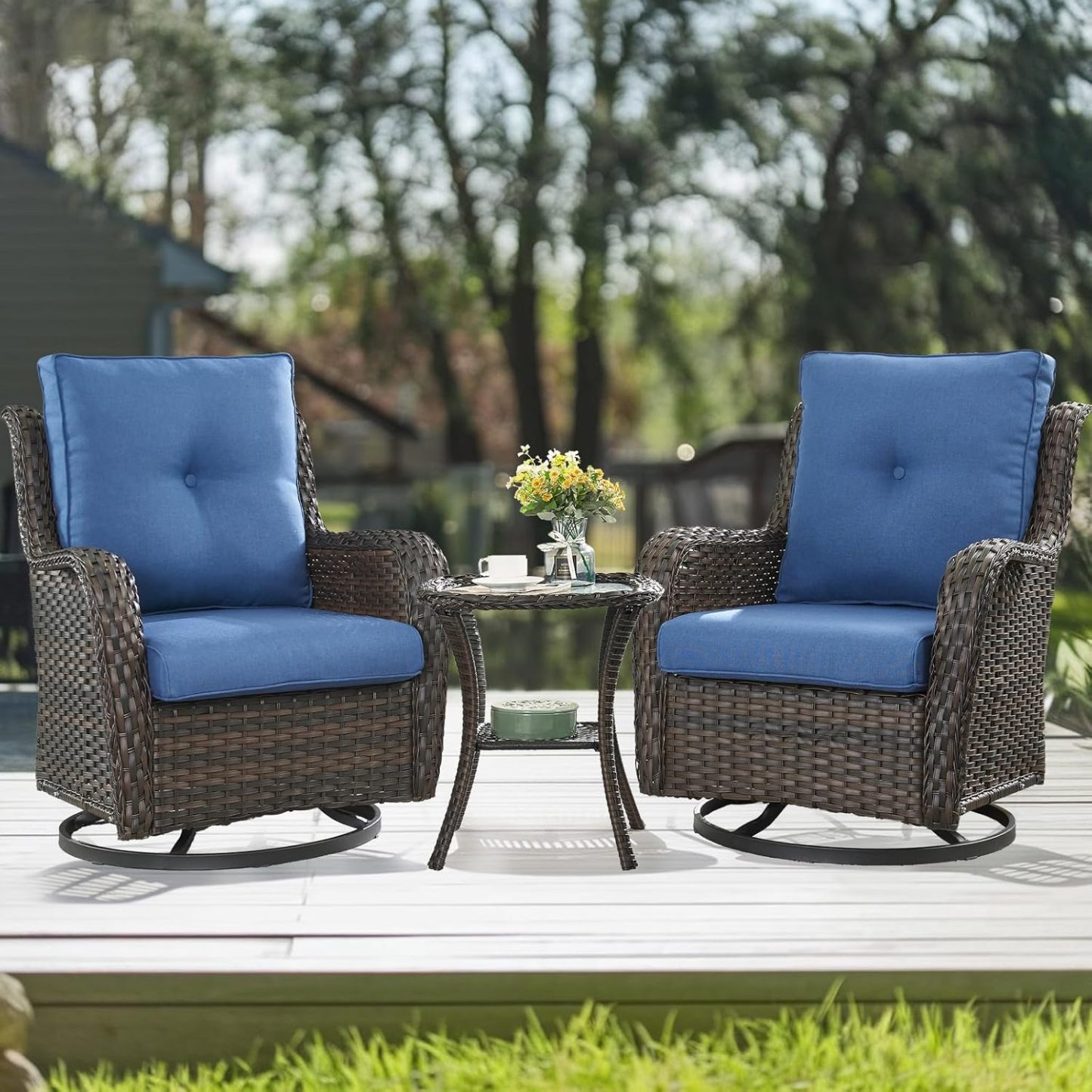 Patio Furniture Set with Fire Pit Table 5-Piece Wicker Outdoor Swivel Rocker Patio Chairs High Back Outdoor Couch Conversation Set