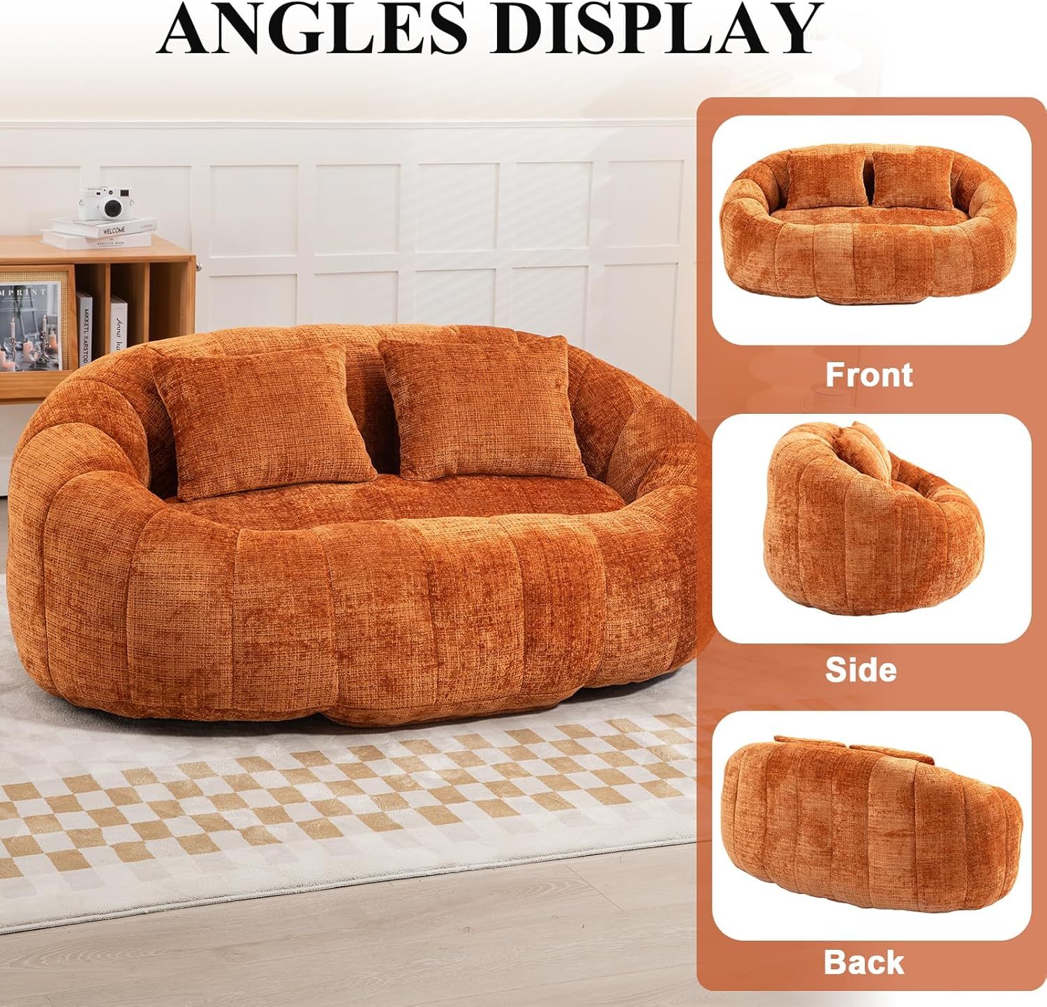 Oval Bean Bag Sofa, Chenille Upholstered Bean Bag Chair with Pillows, Padded Lazy Sofa with Tufted Backrest, Stuffed Bean Bag Couch with Thick Cushion