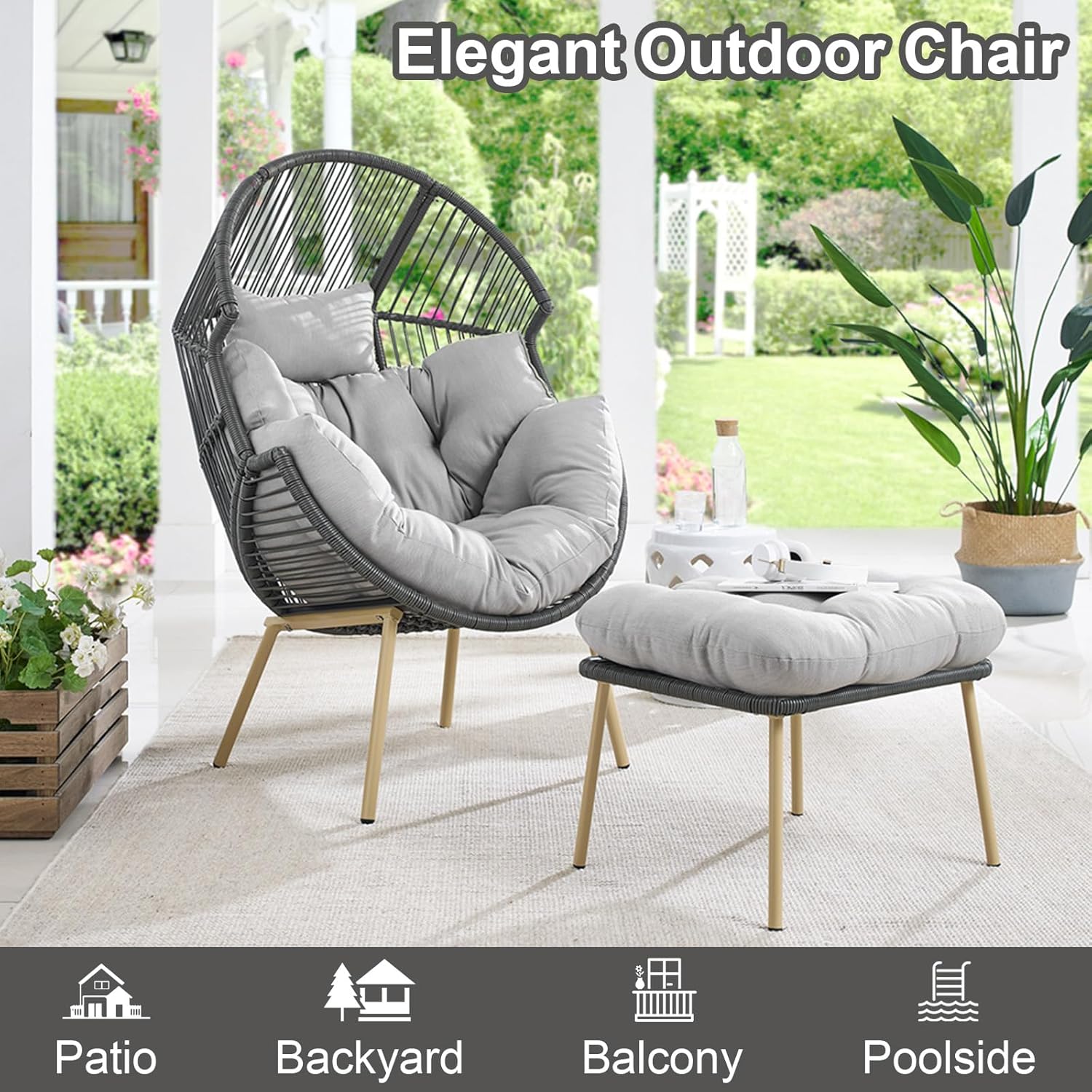 Egg Chair with Ottoman Oversized Outdoor Lounger Wicker Egg Basket Chair with Stand Cushions for Patio Backyard Bedroom Living Room 350LB Capacity