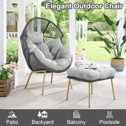 Egg Chair with Ottoman Oversized Outdoor Lounger Wicker Egg Basket Chair with Stand Cushions for Patio Backyard Bedroom Living Room 350LB Capacity