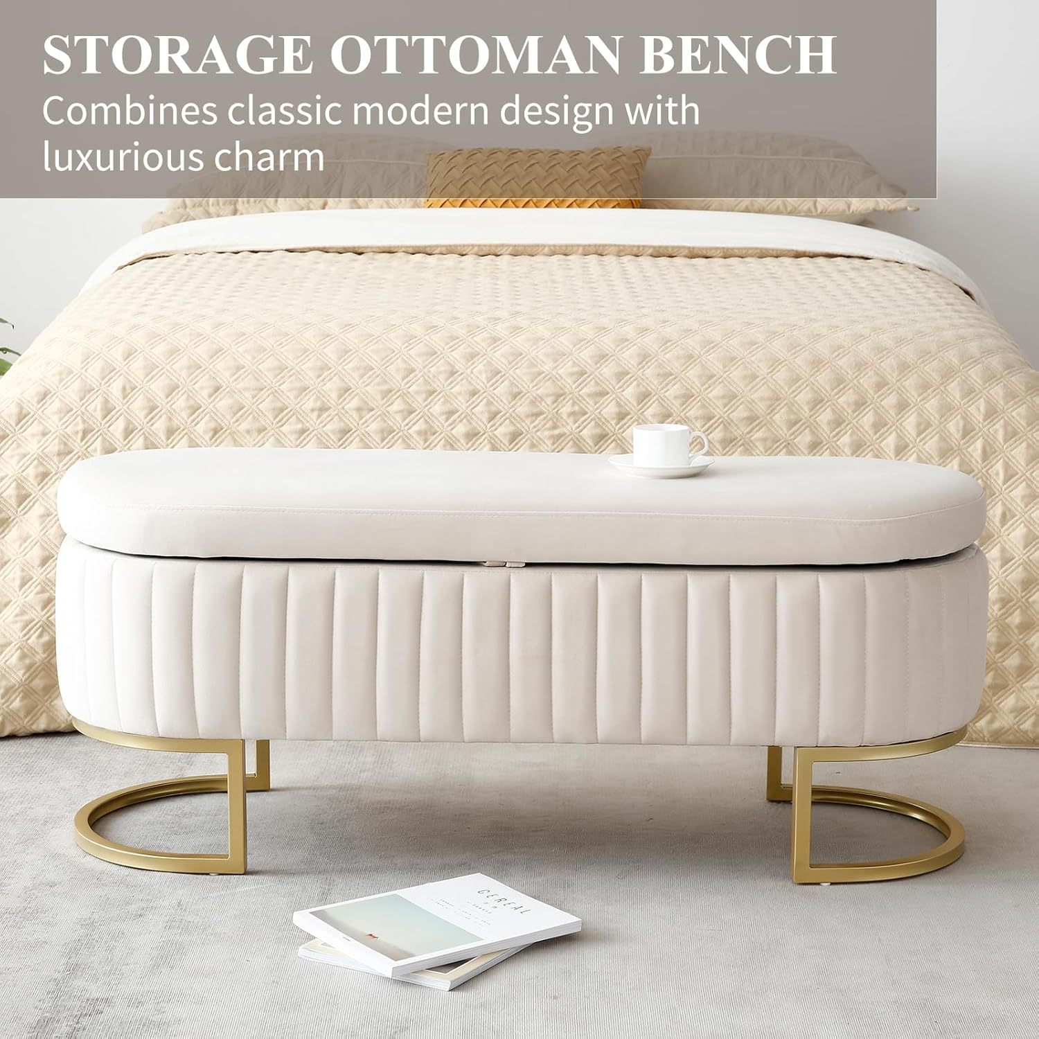 50" Storage Ottoman Bench, Velvet Upholstered End Bed Bench with Metal Legs, Tufted Entryway Bench with Ring-Pull