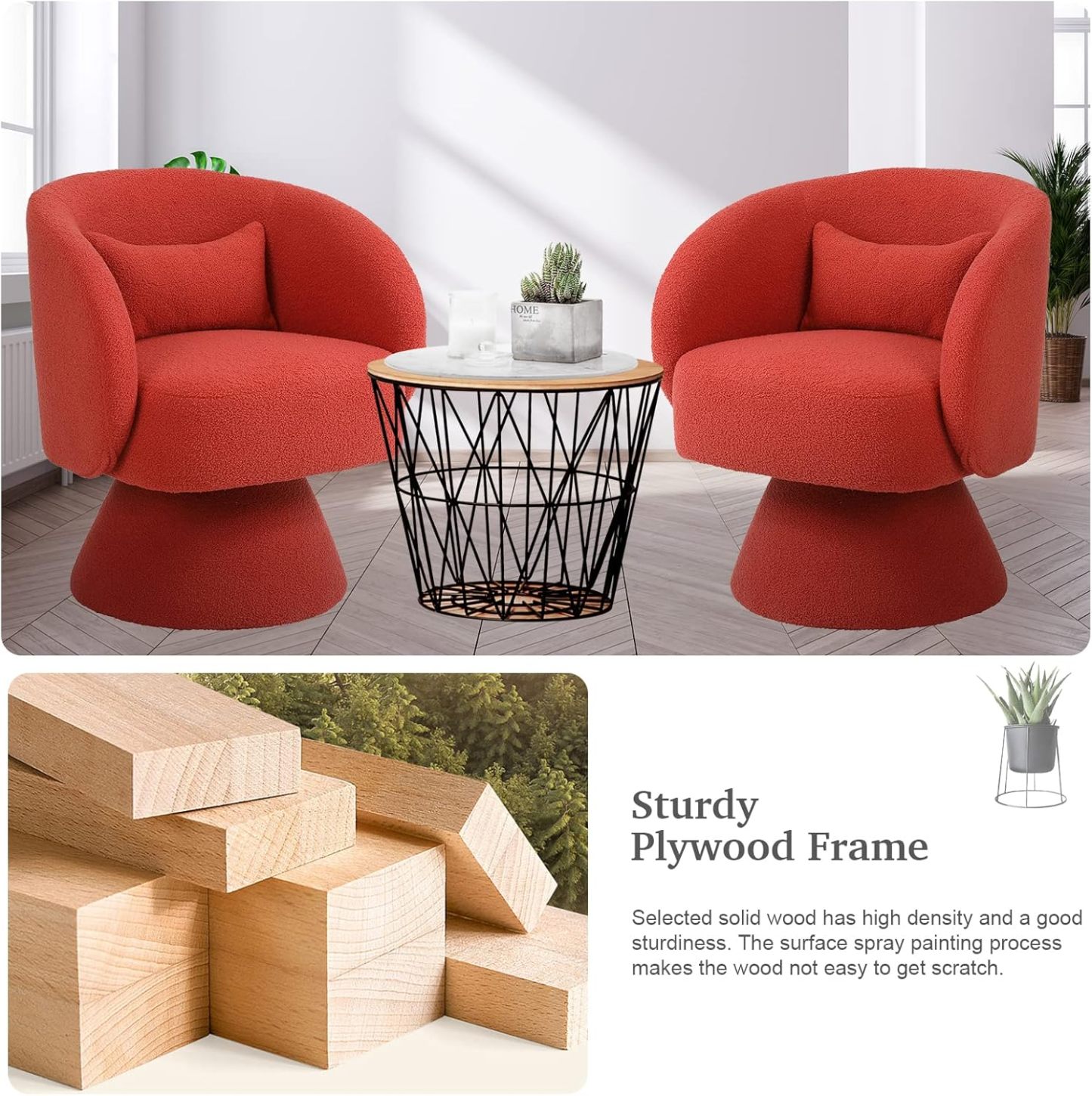 Swivel Barrel Chair, Teddy Accent Sofa Chair, Club Chair with Pillow, Arm Chair with Flared Base