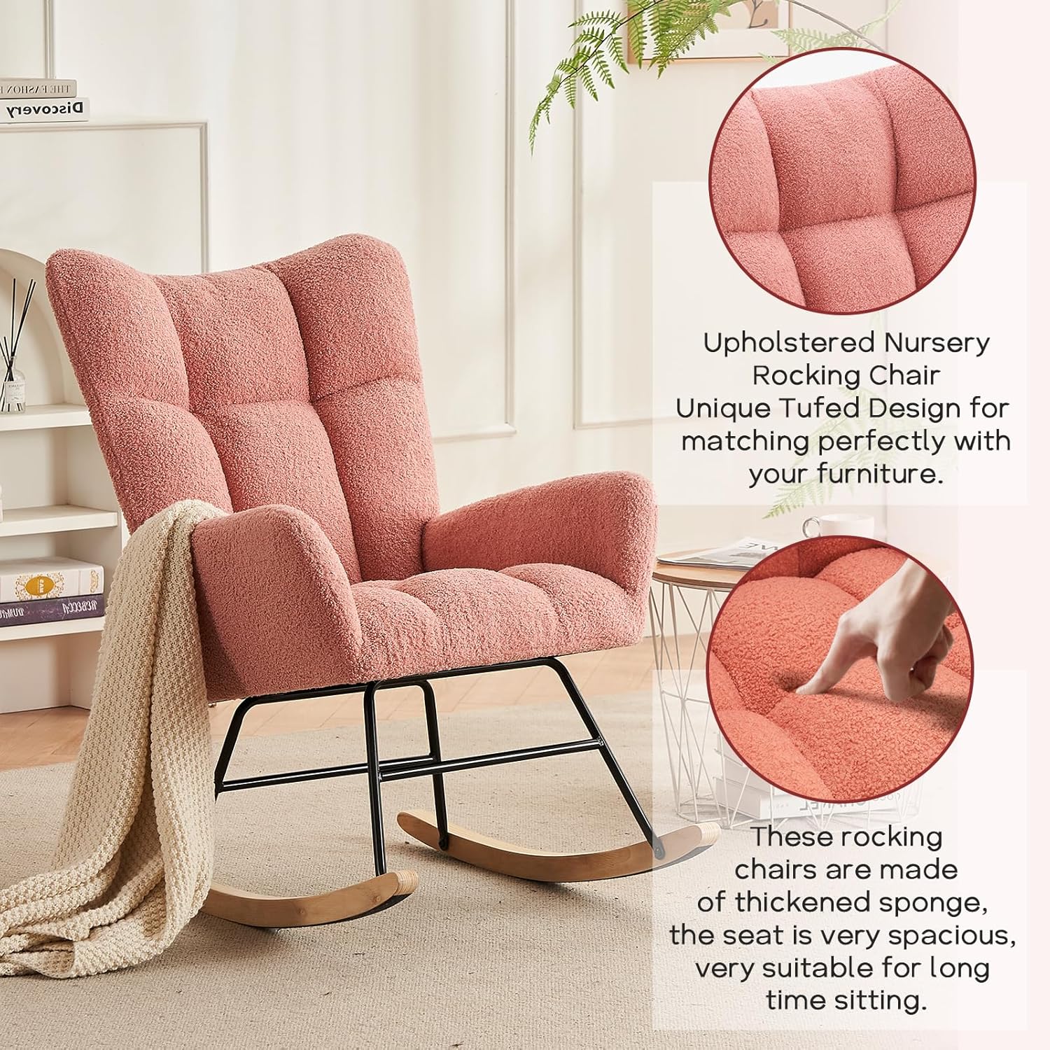 Modern Nursery Rocking Chair, Upholstered Glider Chair with High Backrest, Rocker Accent Armchair