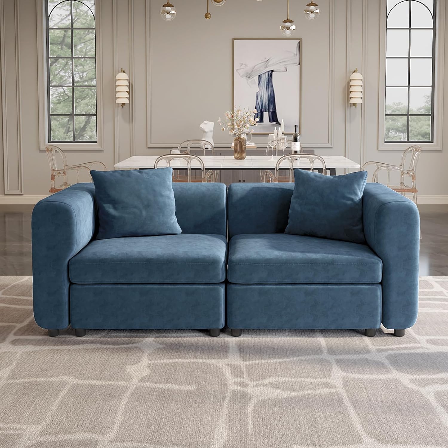 81.88" Blue Loveseat Sofa, Extra Width Sectional Sleeper Sofa with Armrest, Modular Sectional Sofa with Cushion and Removable Back Cushion