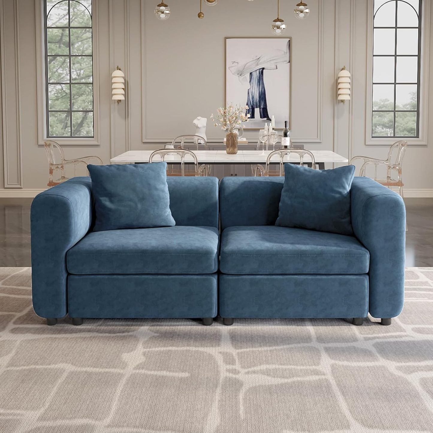 81.88" Blue Loveseat Sofa, Extra Width Sectional Sleeper Sofa with Armrest, Modular Sectional Sofa with Cushion and Removable Back Cushion