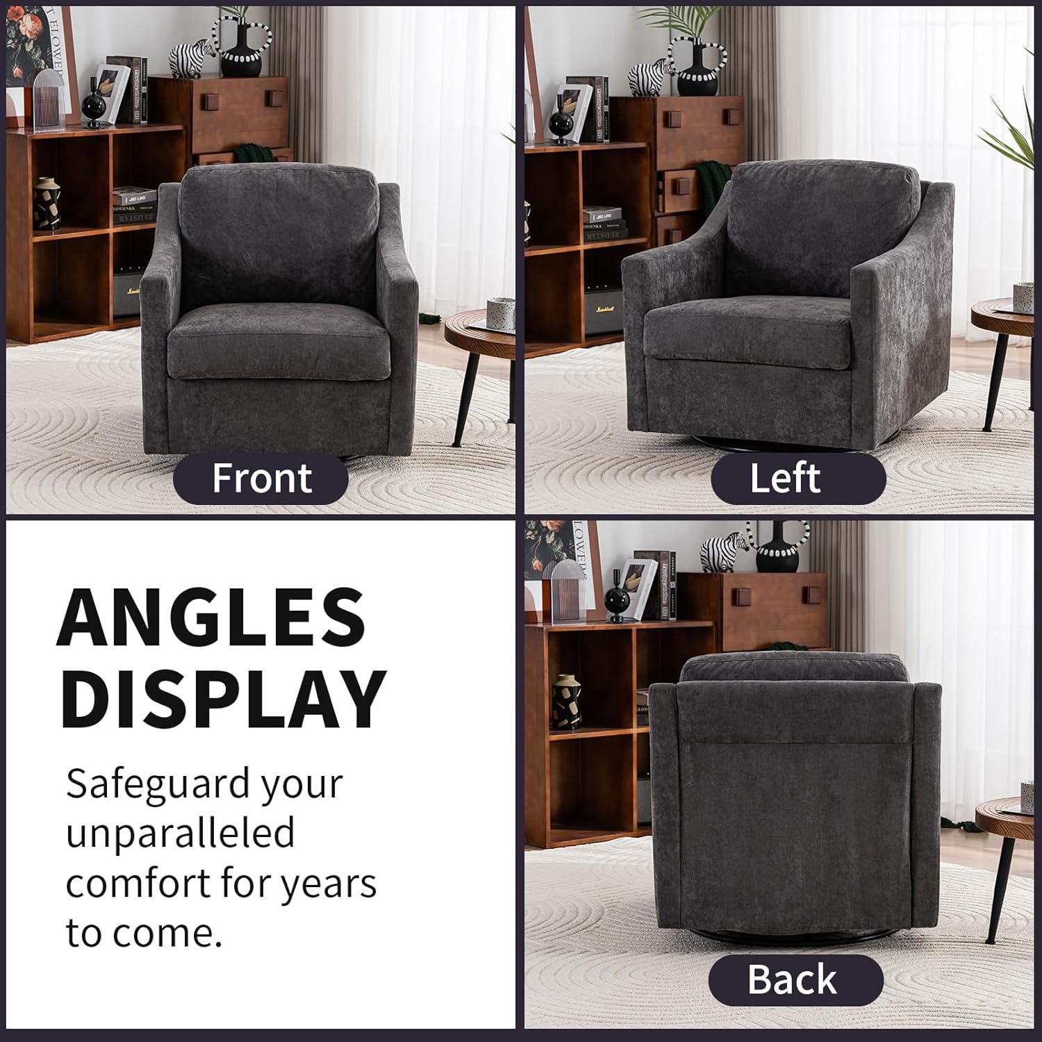 360 Degree Swivel Chair, Linen Upholstered Swivel Barrel Chair with Straight Armrest, Square Club Sofa Chair with Metal Base