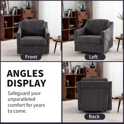 360 Degree Swivel Chair, Linen Upholstered Swivel Barrel Chair with Straight Armrest, Square Club Sofa Chair with Metal Base