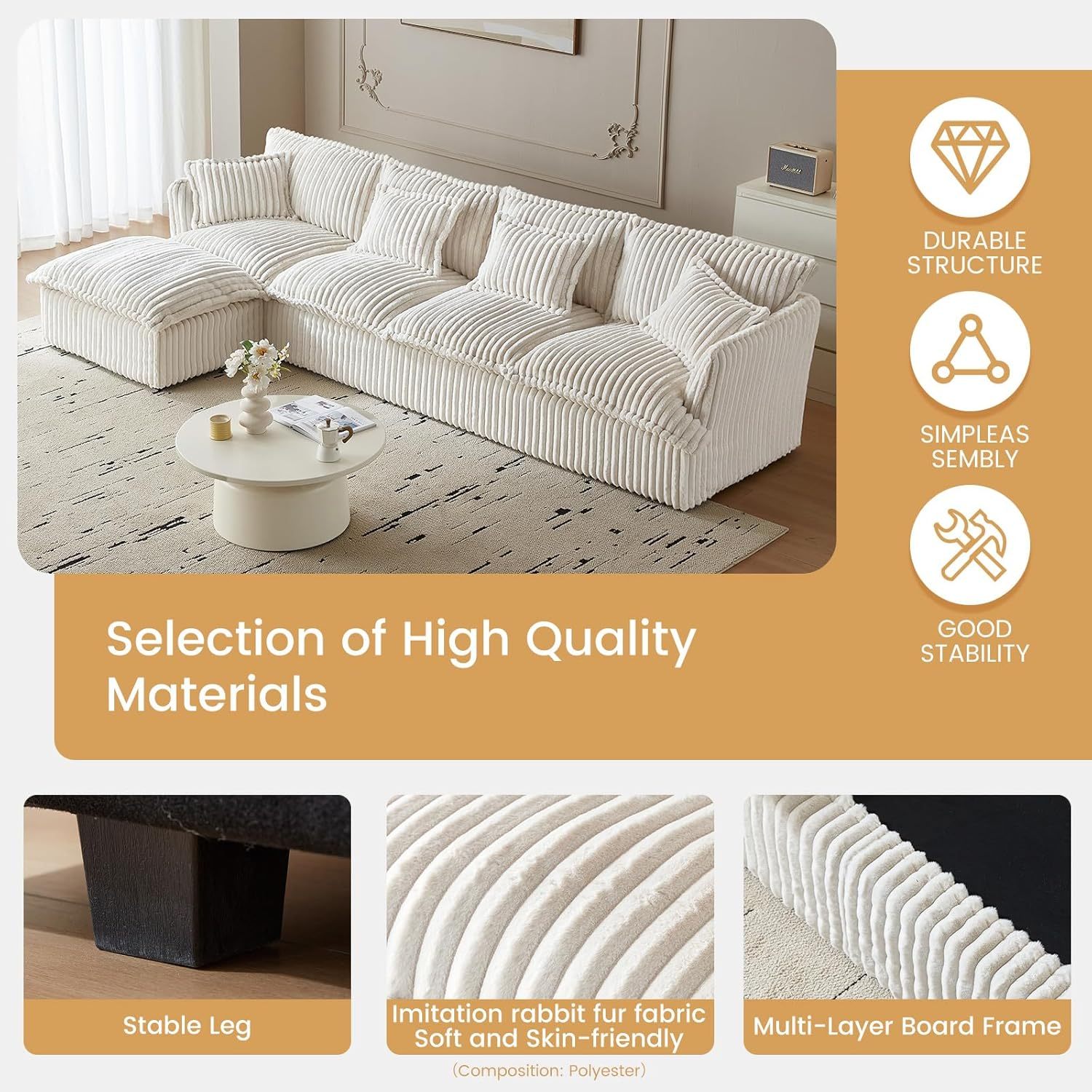 130.7" Corduroy Futon Couch, 4 Seater White Cloud Couch with Ottoman, Comfy Soft Sofa, Modern Corduroy Couch for Bedroom, Living Room