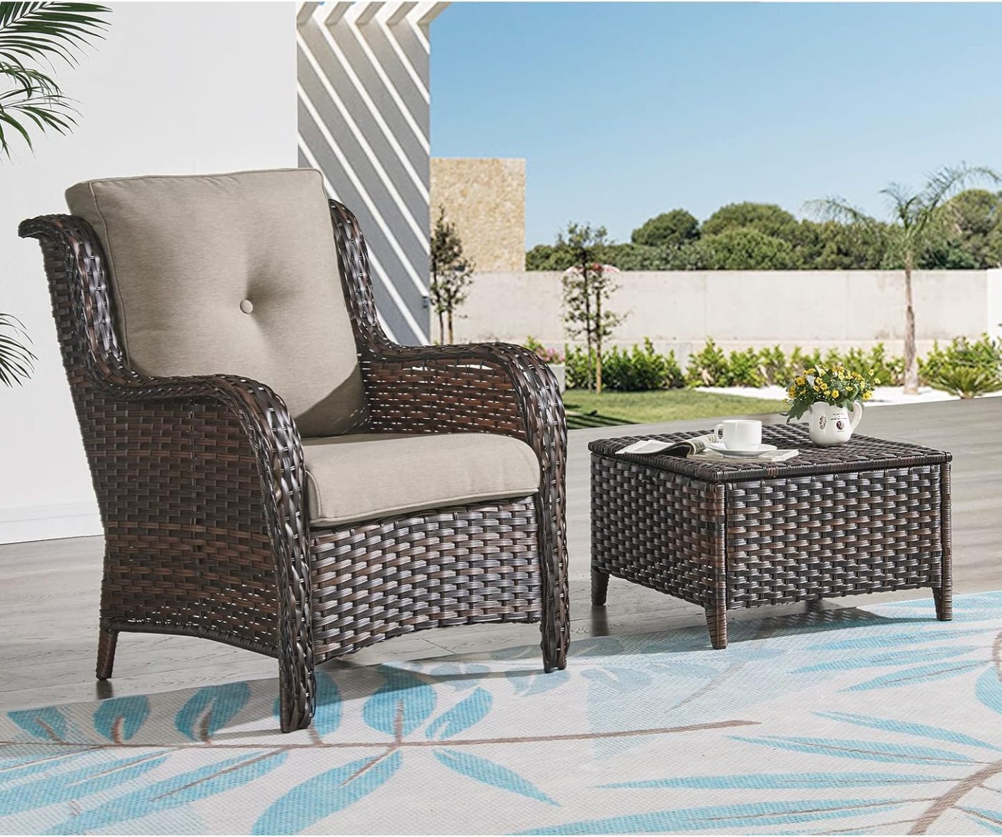5 Pieces Patio Bistro Set Wicker Patio Chairs Set of 2 with Ottomans and Side Table Rattan Outdoor Furniture